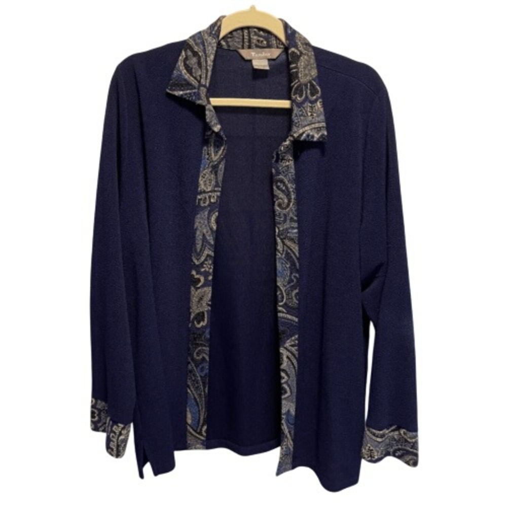 TanJay XL Navy Open‎ Cardigan Jacket Paisley Trim Lightweight Layer